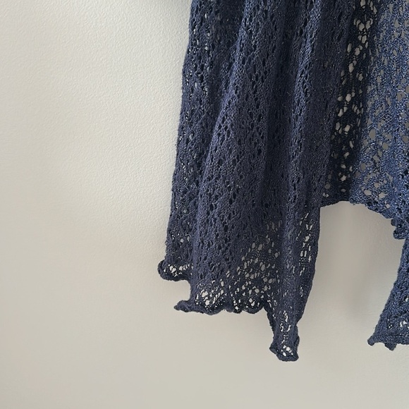 EILEEN FISHER 100% Wool Crochet Lace Open Front Cardigan Duster Navy Sz Large - Picture 4 of 5